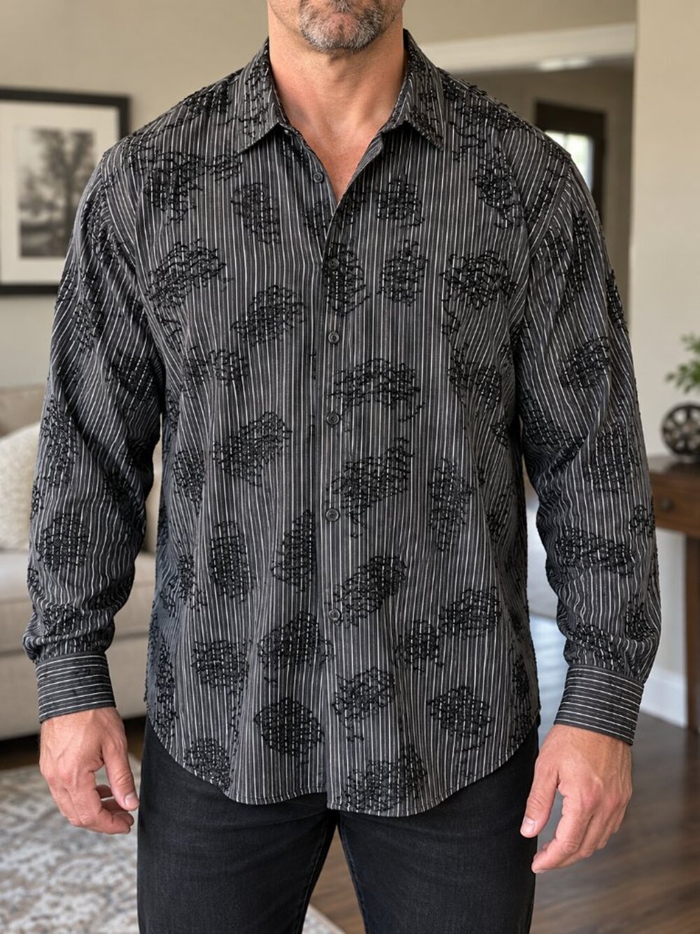 Pronti Collection Men's 4XL Gray Stripe Embroidered Button Down